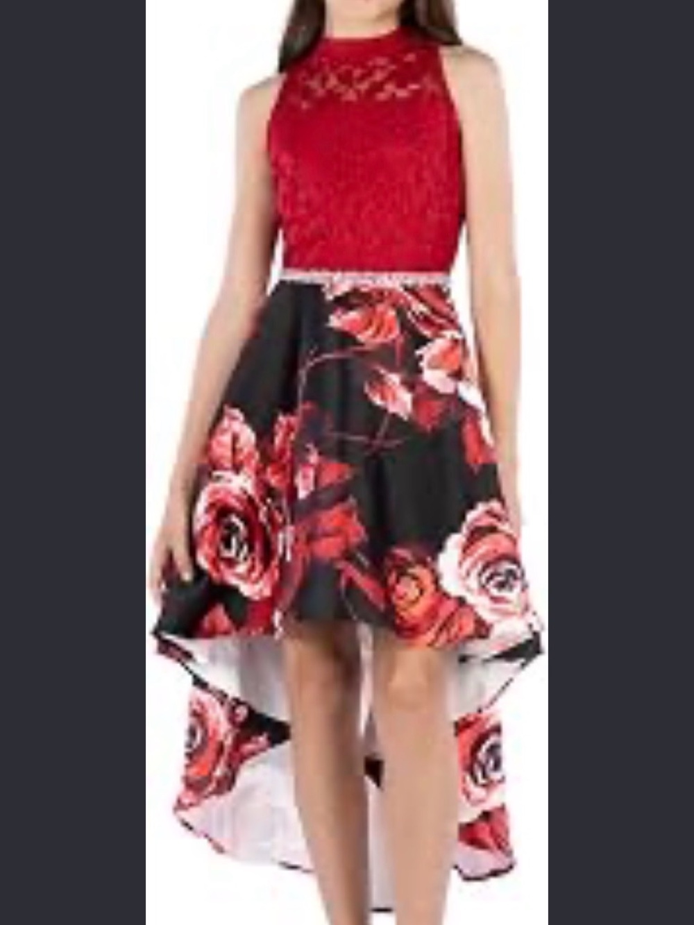 Speechless Red Lace Bodice Black Floral High-Low Dress